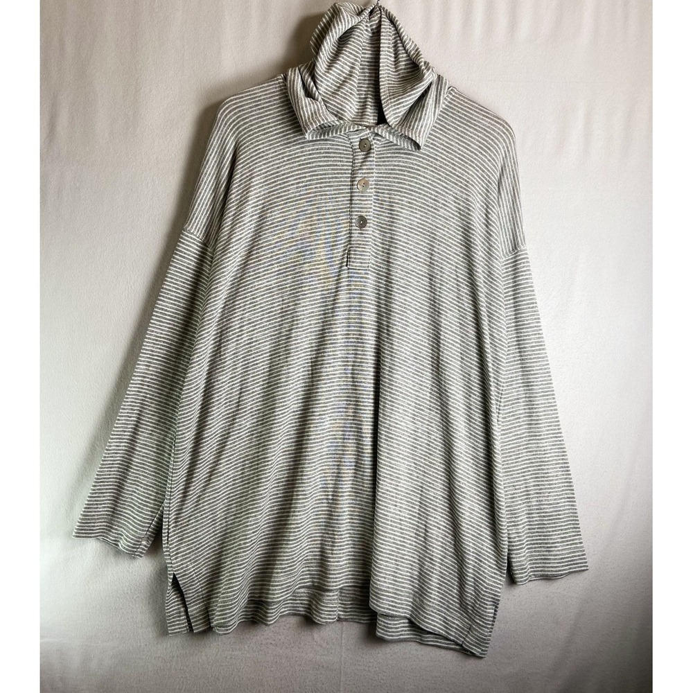 J Jill Women's L Striped V-Neck Soft Stretch Knit Pullover Hoodie Cozy Top Tunic
